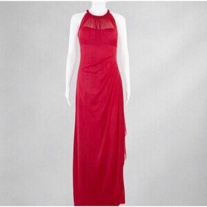 David’s Bridal Red Maxi Evening Gown Size 10 Ruched Sleeveless Keyhole Back